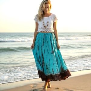 Vintage Tie Dye Crinkle Broomstick Crinkle Maxi Turquoise Brown sequin Hem, OS